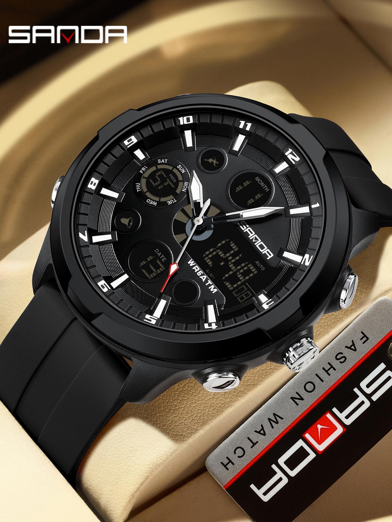 Men's Fashion Analog-Digital Quartz Watch, Casual Round Dial Multifunctional Wristwatch with Luminous Alarm and Box, Water-Resistant detail 1