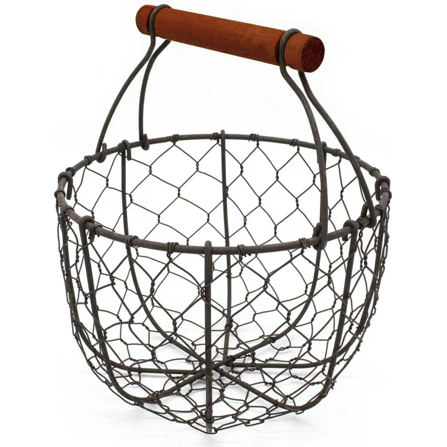 Round Chicken Wire Egg Basket Fruit Basket with Wooden Handle Primitives Vintage Gathering Basket Rusty