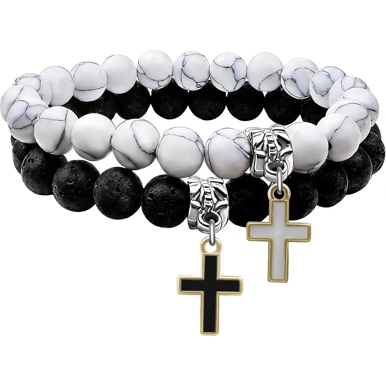 2 count Beaded Bracelet with , Couple Bracelet Matte Lava Rock 8mm Howlite Black White Matching Beads Elastic Stretch  Pendant Religion  Friendship BFF  for Women Men