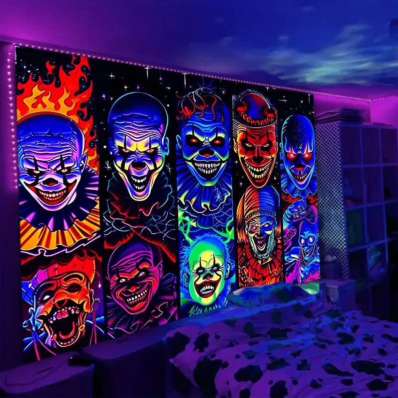 UV Reactive Glow-in-the-Dark Horror Multi-Panel Joker Bat Tapestry - 1 Piece Extra-Large 2D Flat Cotton Custom Print Wall Hanging for Bedroom, Spooky Skeleton Aesthetic Home Decor Accessory bedroom decor cool stuff for room
