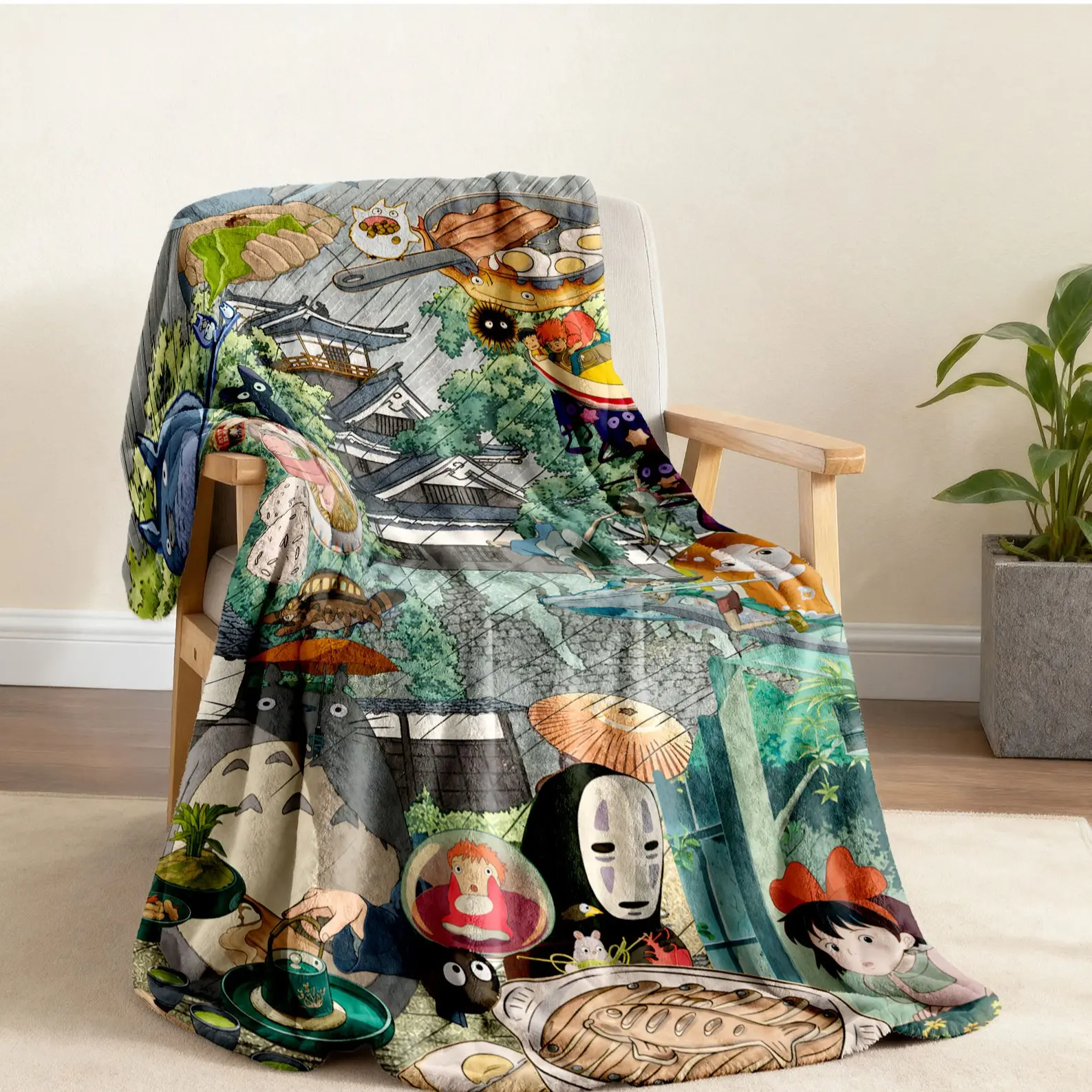 Cute Ghibli Anime Food Collage Throw Blanket, Totoro No Face Jiji Ponyo Town Forest Print, Soft Light Flannel, Perfect Gift for Anime Fans