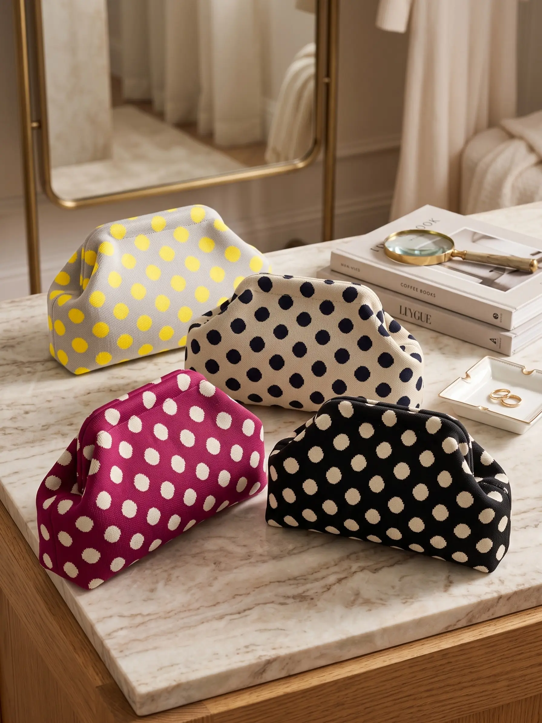 Polka Dot Knit Clutch Bag, Foldable Handbag, Lightweight Wallet, Makeup Pouch, Coin Purse, Perfect for Parties, Travel, Daily Use, Gift Idea