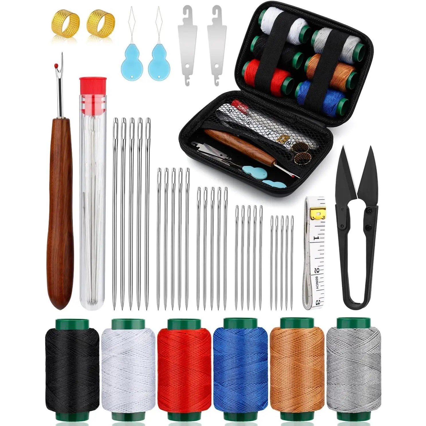 Sewing Kit for Adults, Steel  for Hand Sewing, 40 count Sewing Kit with Sewing  Storage Bag Threads Thimbles Seam Rippers for Repair Clothing(6-Color Upholstery Thread)
