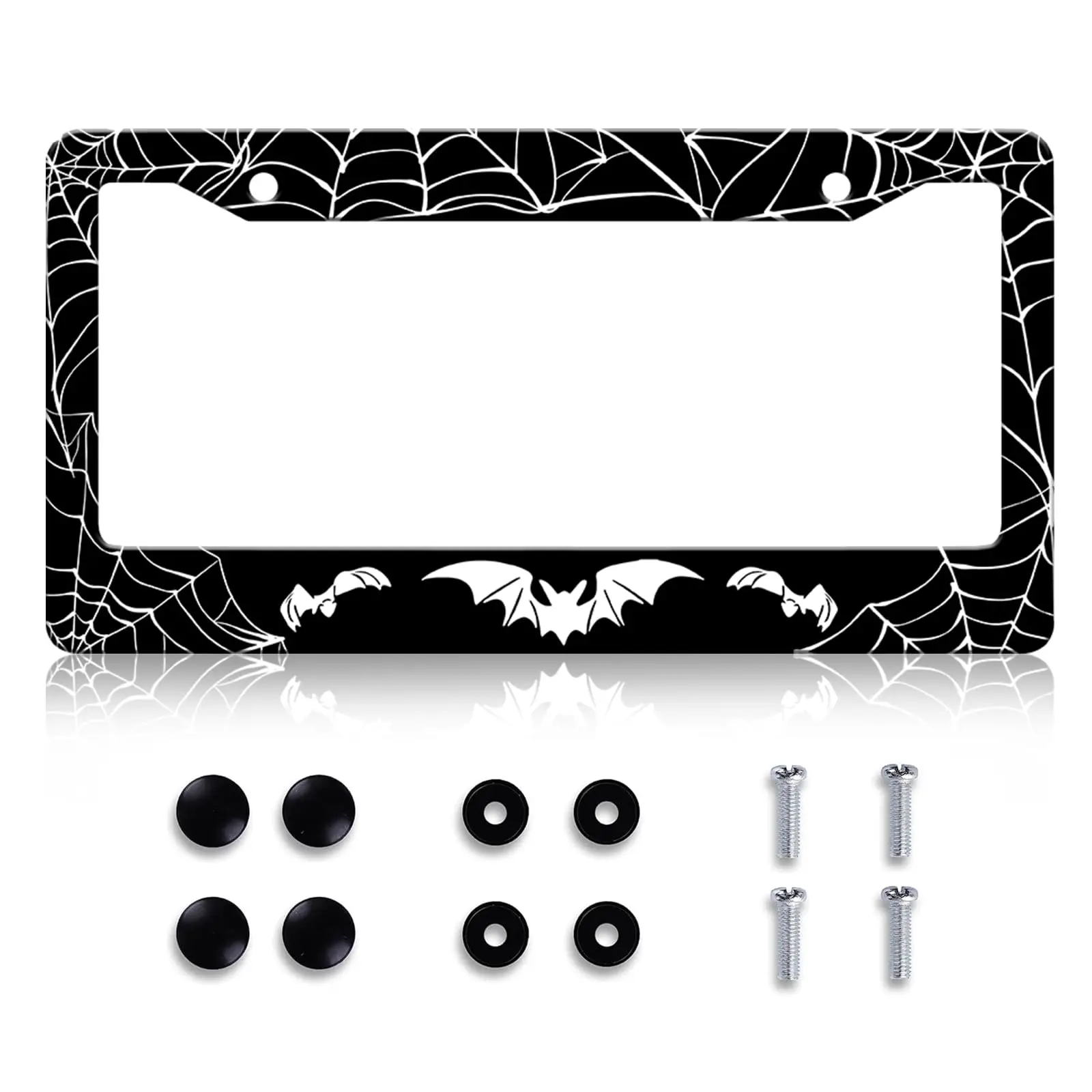 Cute Halloween Bat License Plate Frame, Gothic Spider Web Car Tag Holder, Black Aluminum Novelty Spooky Vampire Auto Plate Covers for Front Rear Plates with Screws Caps