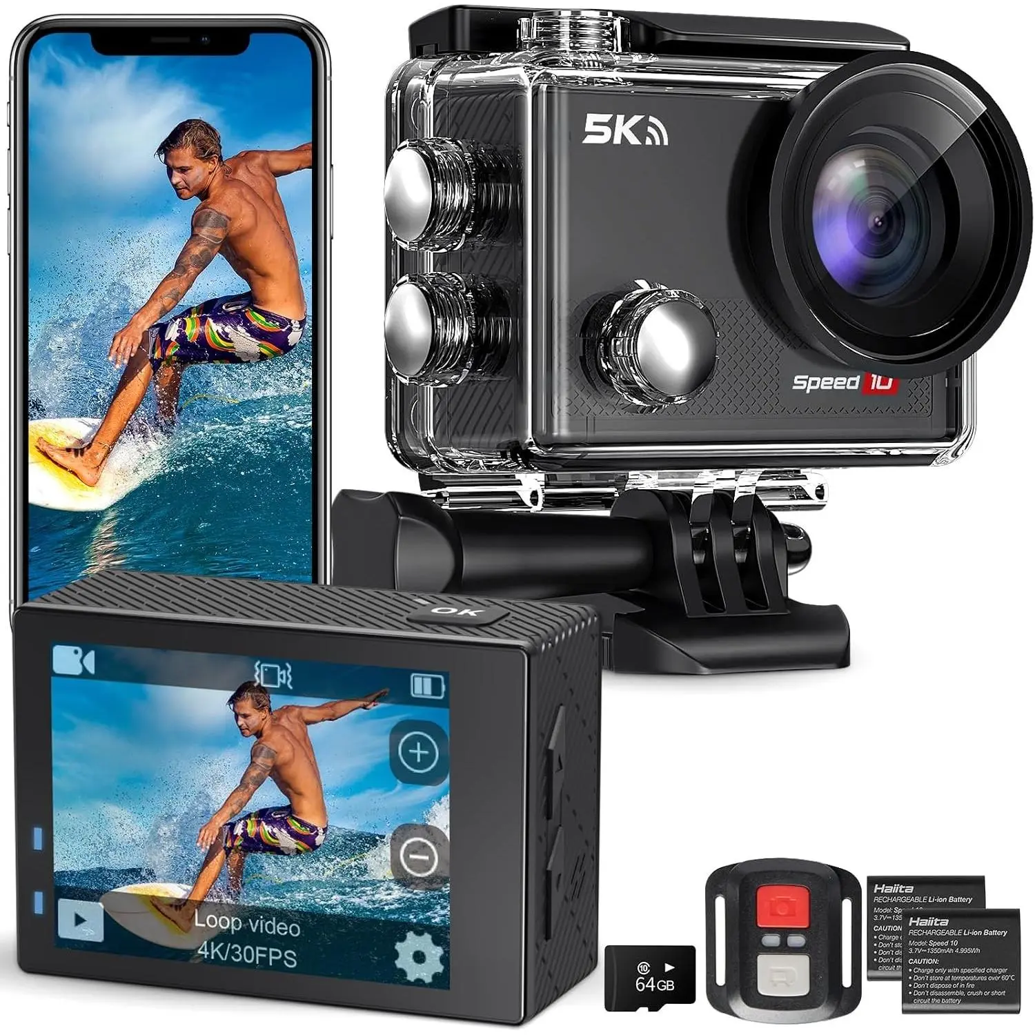 4K 30FPS 131FT Underwater Waterproof Action Camera with EIS WiFi App Remote Control 64GB Card 170° Wide Angle for Sports Helmet Bike Black