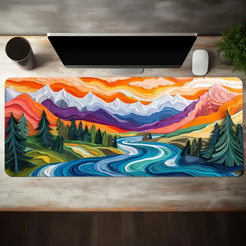 Mouse Pad Featuring a Colorful Layered Landscape And River Art Design, with a Non-Slip, Washable Rubber Base. This Oversized Desk Mat Is Perfect for Office Additions, Computer Decor, And Desktop Decoration