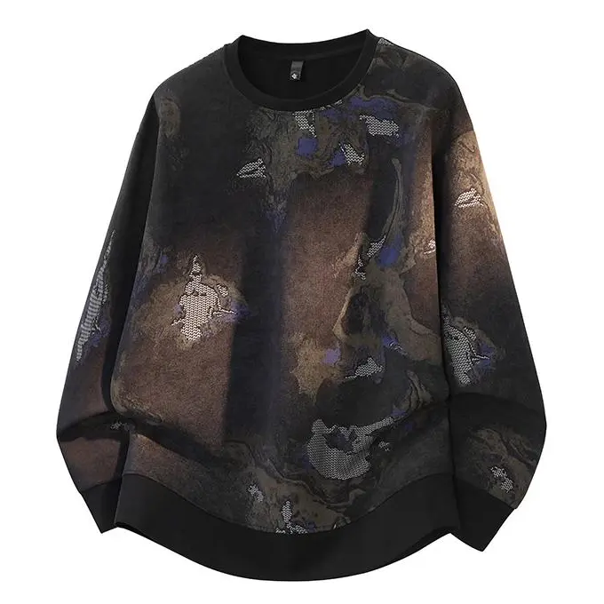 Men's Streetwear Sweatshirt, Oversized Abstract Marbled Print Pullover, Loose Fit Distressed Terry Fabric Crewneck, Street Style, Menswear, Baggy, Casual, Hoodie, Longsleeves, Outdoors, Round Neck, Long, All Over Print, Crew Neck, Everyday, Tops