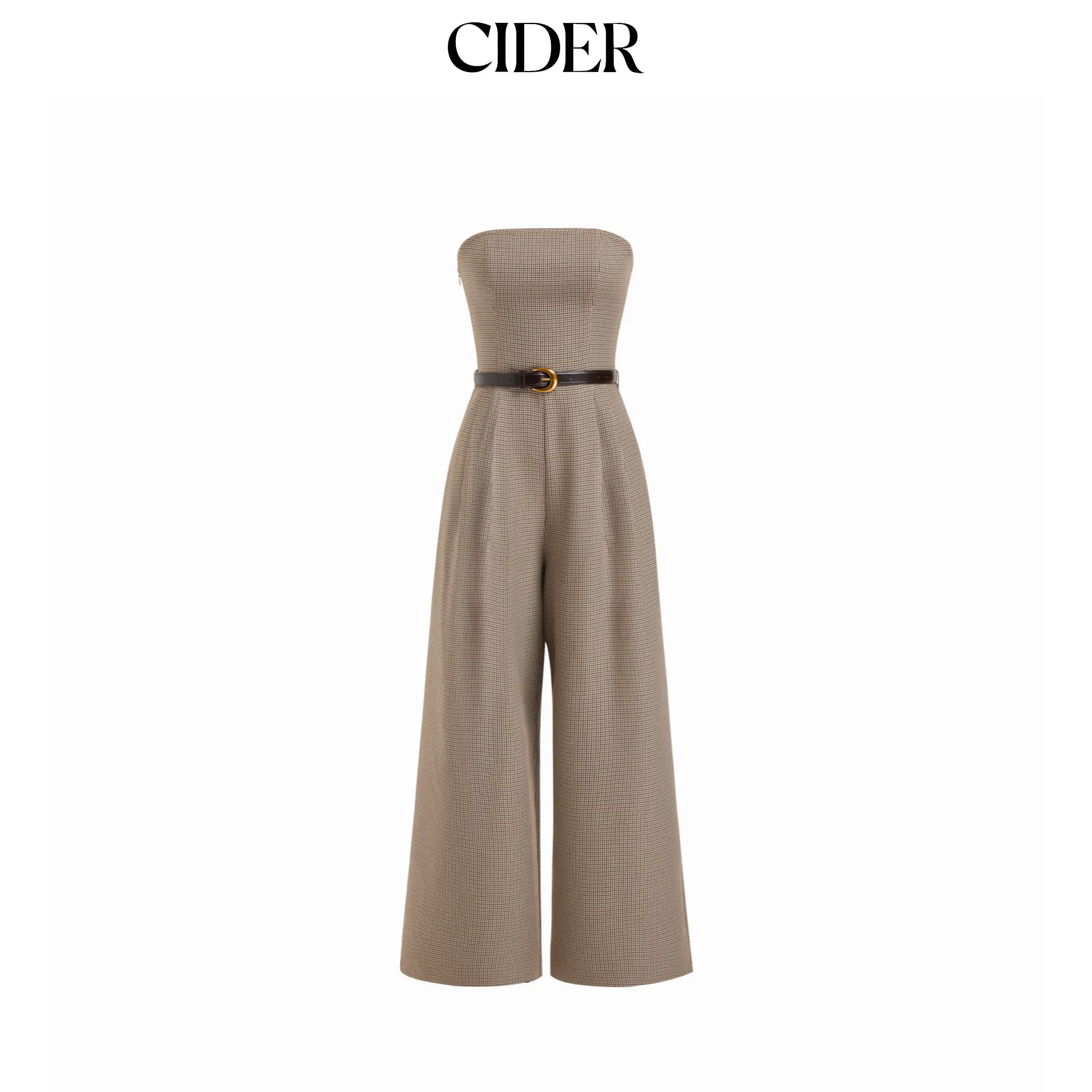 Cider Houndstooth Shirred Wide Leg Bandeau Jumpsuit With Belt