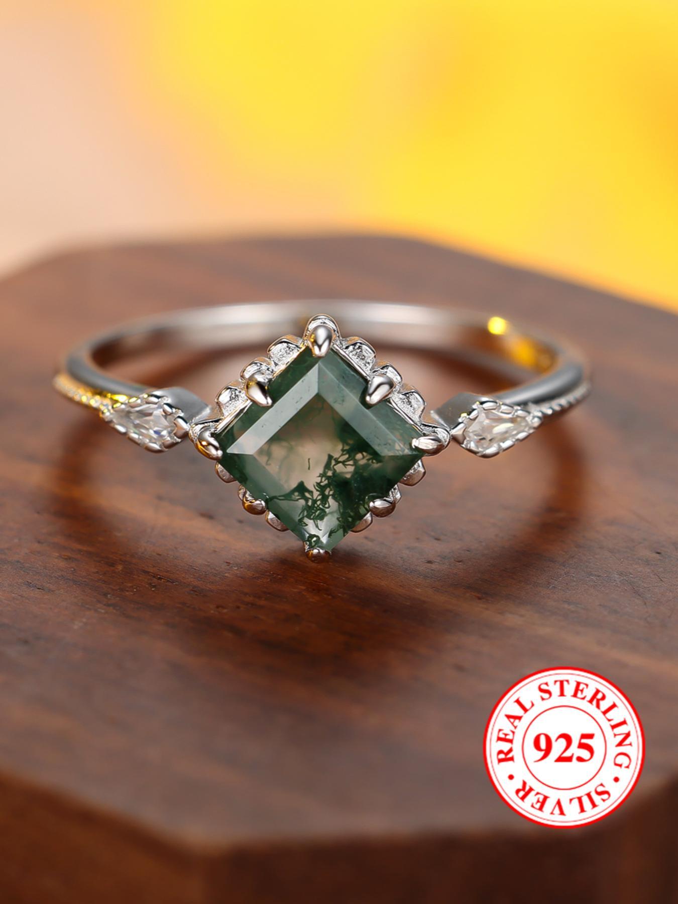 S925 Sterling Silver Artificial Gemstone Sea Grass Decor Ring, Emerald Cut Solitaire Ring, Rings for Women, Fashion Elegant Engagement Ring for Party, Daily Clothing Decor, Trendy Jewelry for Birthday Gift, with Box As Gift
