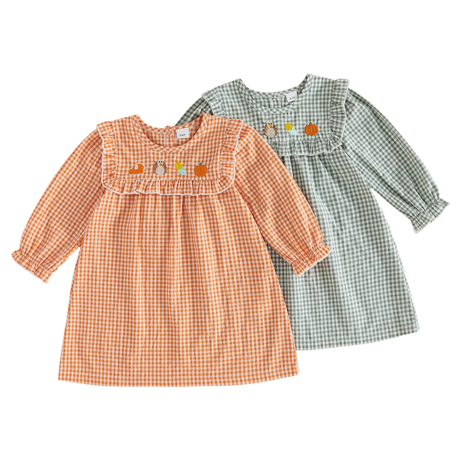 Toddler Baby Little Girls Thanksgiving Dress Fall Pumpkin Embroidery Long Sleeve Plaid Dress 1-5 Years