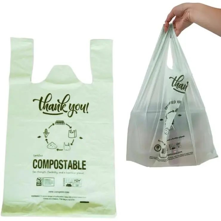 (Large)  Certified  Compostable Shopping Bags, 200ct, 12"x 6" x 20" (Extra Thick), Hold 20 lbs, Thank You/Grocery/Take Out/T Shirt/To-Go Bags for Retail, Grocery Store