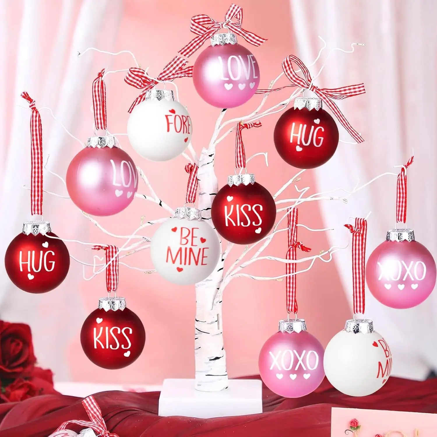 24Pcs Valentines Day Ball Ornaments, 2.36Inch Red Pink White Hanging Balls for Tree, Letter Hanging Baubles Valentine's Day Party Supplies for Wedding Home Anniversary Decor