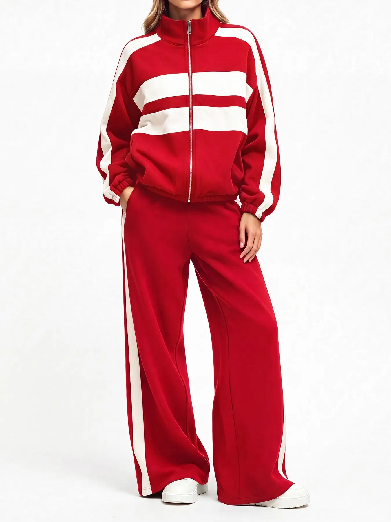 Women's Striped Sport Set, Zipper Stand Collar Jacket + Wide Leg Pants Two Piece Set with Pockets, Casual Street Style