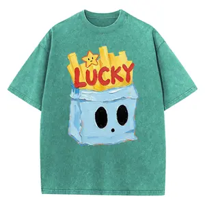 Digitex Soft Acid Washed Crew Neck T-Shirt Unisex LUCKY Thick Texture French Fry Box Cartoon Graphic Retro City Walk Casual Basic Tshirt