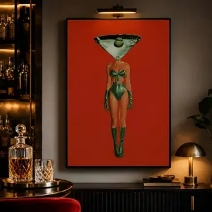 Vintage Dirty Martini Cocktail Print - Retro Bar Cart Decor, Red Wall Piece with Woman & Retro Drink, Aesthetic Canvas Poster for Bedroom,  canvas woman aesthetic print kitchen wall decor retro print bar art