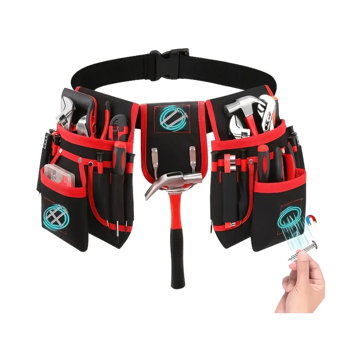 1pc Heavy Duty Magnetic Tool Belt with 51 Inch Strap, Multi Pocket Utility Pouch for Holding Screws, Wrenches and Nails, Durable Fabric Construction for Woodworking, DIY Projects, Home Improvement, Contractors and Workshop Organization