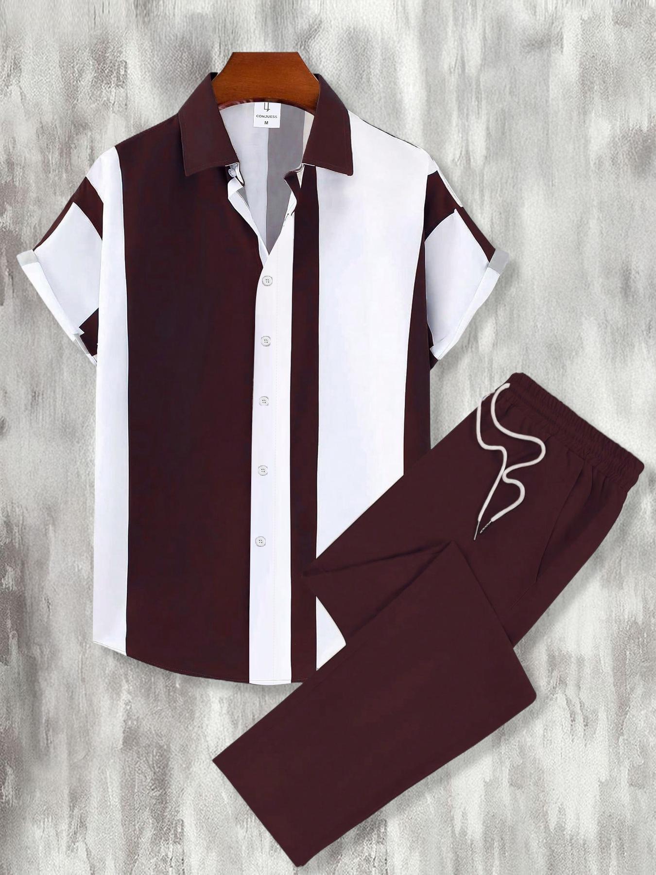 Men's Colorblock Print Short Sleeve Top & Pants Loungewear Two-Piece Set, Regular Fit Casual Comfy Top & Trousers Pj Set, Men's Sleepwear Set for All Seasons