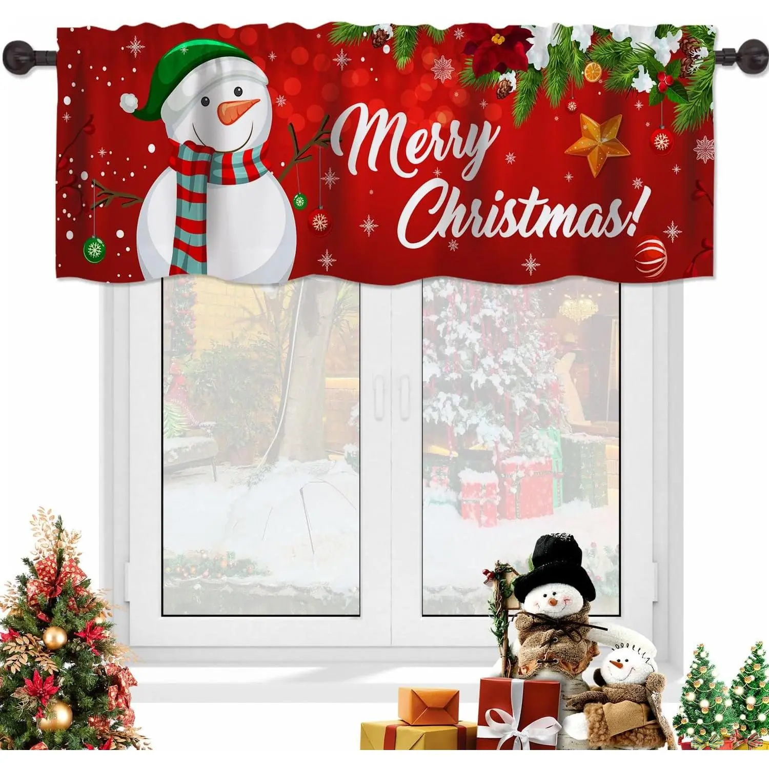 Christmas Snowman Valances Windows Curtains Red Xmas Tree Rod Pocket Kitchen Valance Window Treatments Winter Holiday Christmas Decor Short Curtains for Living Room Bedroom 54x18 in