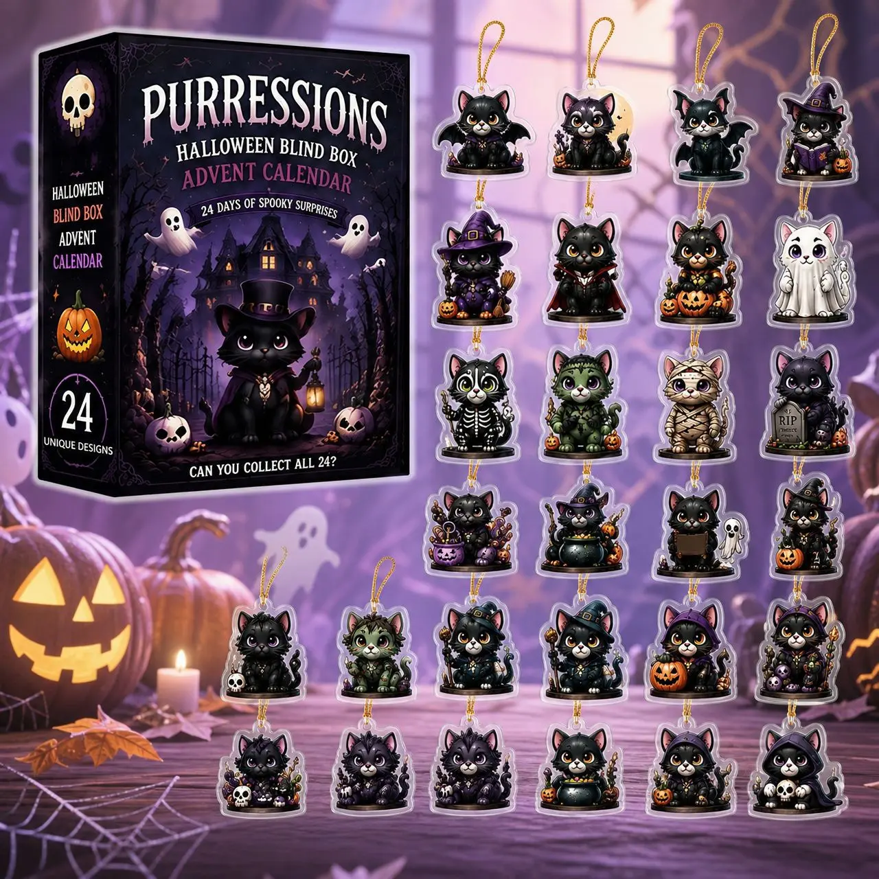 Halloween Advent Calendar 2026, Black Cat Countdown Calendar with 24 Mystery Acrylic Ornaments, Cute Spooky Hanging Decorations for Halloween Home Decor,Halloween decorations