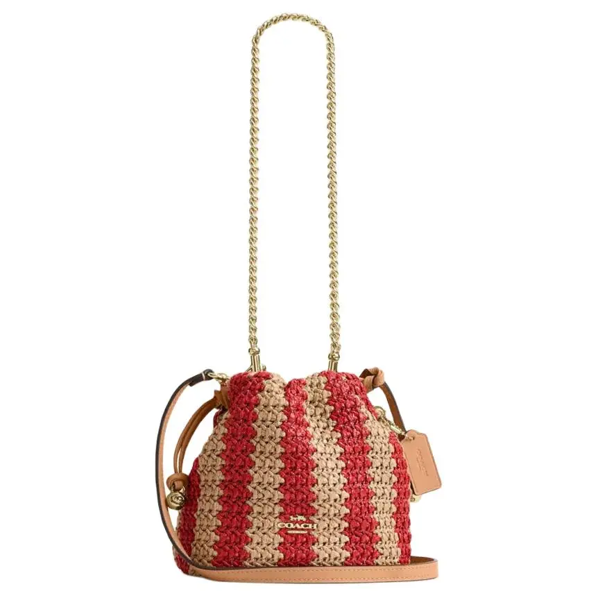 COACH Faye 17 Crossbody Bag for Women – Striped Raffia and Leather with Detachable Chain Strap – Straw and Red