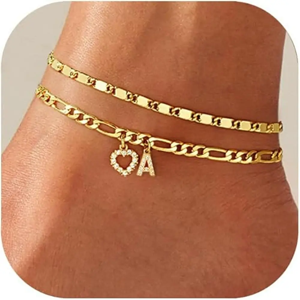 2-Piece Gold-Tone Initial Anklet Set for Women, Adjustable Layered Figaro and Flat Link Ankle Bracelets with Sparkling Heart and Letter Charm, Summer Jewelry Gift