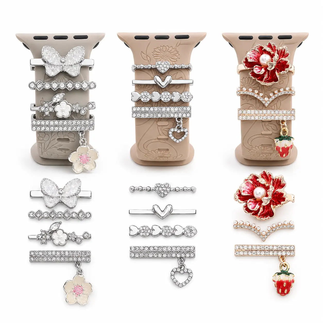 Watch Band Charm Rings - Butterfly Heart Flower Strawberry Slider Loops with Rhinestone Accents for Smartwatch Straps and Daily Wear
