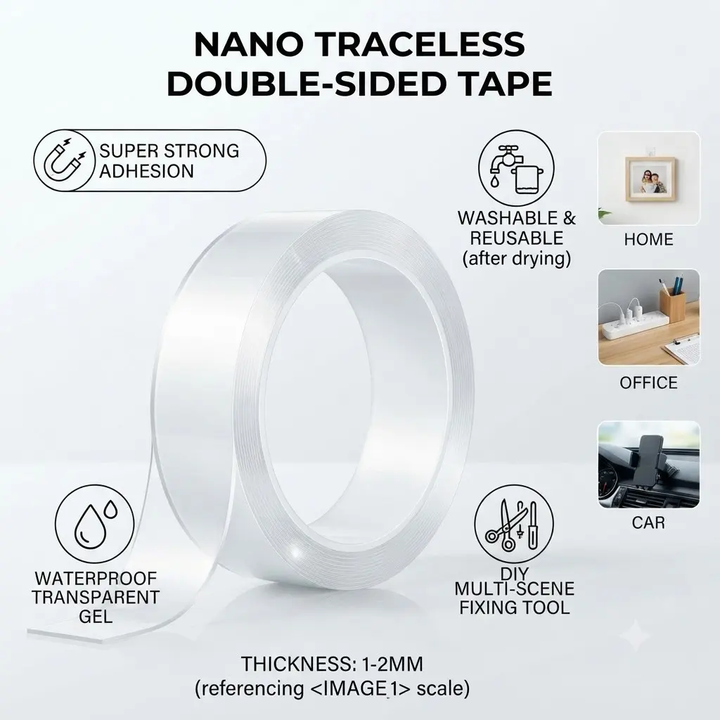 Yitape Nano Invisible Double-Sided Tape, Ultra-Strong Waterproof Transparent Sticky Adhesive, Washable and Reusable, DIY Fixing Tool for Home, Office and Car Use