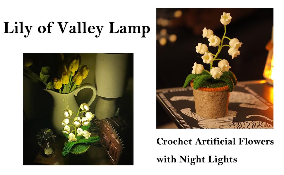 Lily of The Valley Lamp, Crochet Artificial Flowers with Night Lights, Cordless Table Lamp - Women Gift Ideas for Christmas Valentine Mother's Day, Desk Home Decorations (Pink)