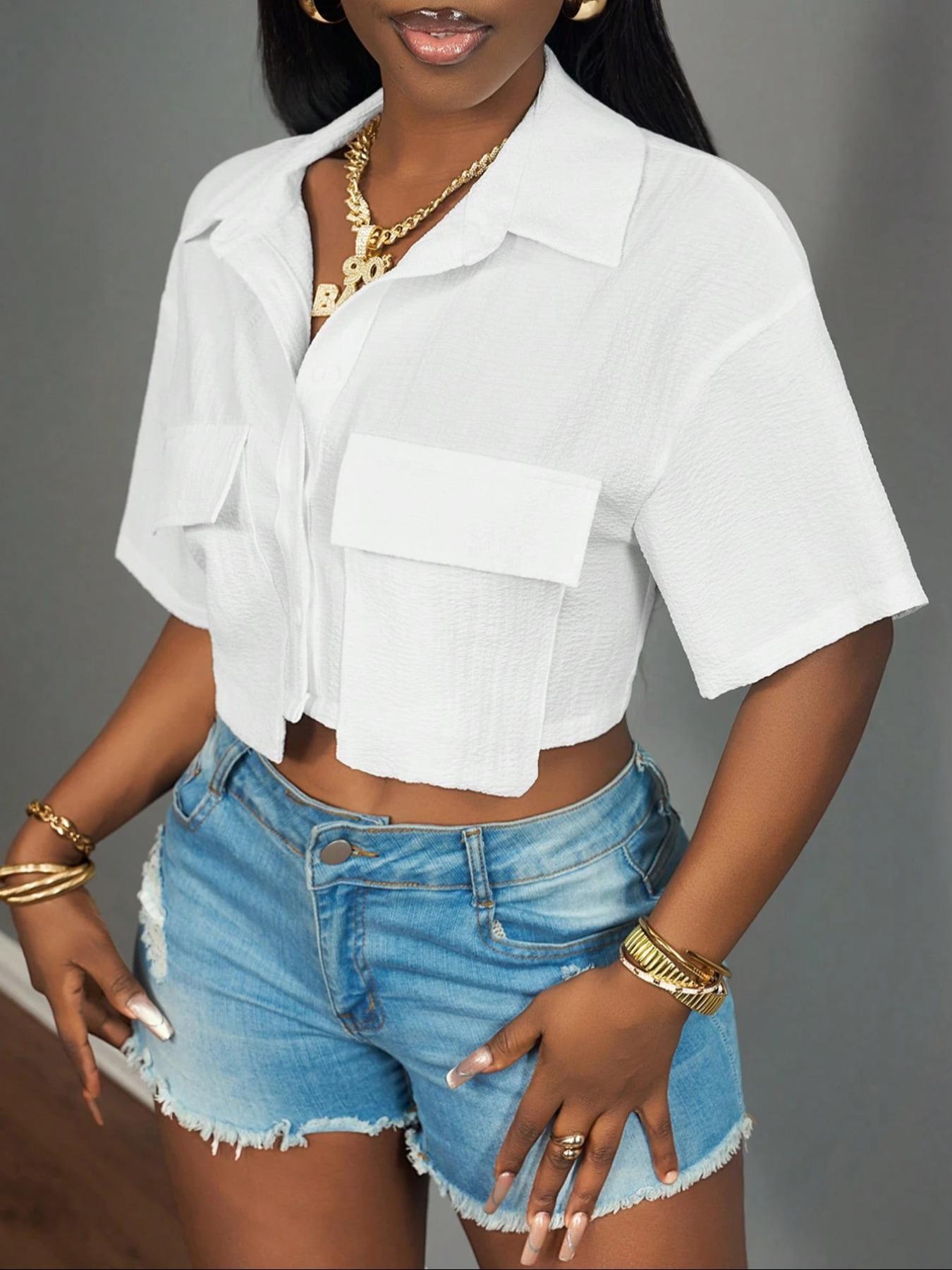 Women's Solid Color Short Sleeve Shirt, Casual Elastic Pocket Design Crop Top for Summer, Women's Clothing for Daily Wear, Casual Comfy Shirt