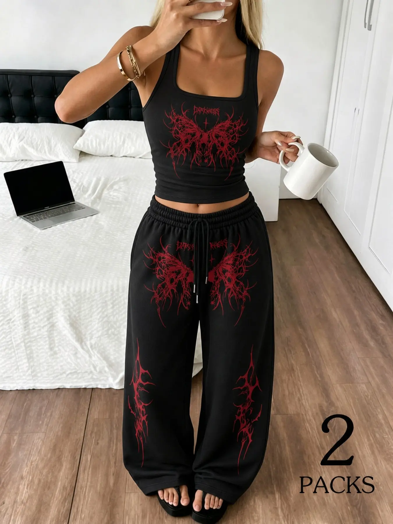 Women's 2 Piece Black Spider Web Print Set, Square Neck Crop Tank Top and Drawstring Wide Leg Sweatpants, Gothic Casual Streetwear Outfit for Fall Two Pieces Sets#WomensTwoPieceSet #SpiderWebPrint #BlackOutfit #CropTankTop#SquareNeckTop #WideLegSweatpants