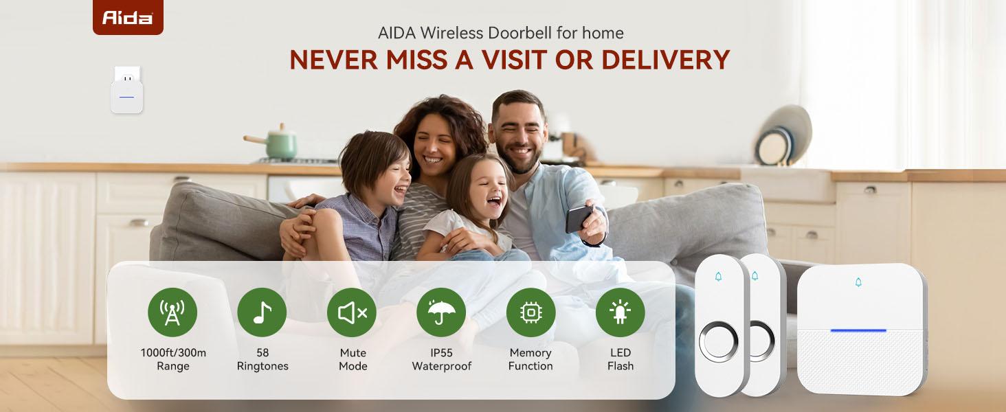 Lighted Wireless Doorbell for Home, Waterproof Battery Doorbell Wireless 1,000ft Range, 5 Volume Levels with 58 Chimes & LED Flash on Receiver (White, 2 Buttons & 1 Receiver) Lighted Wireless Doorbell for Home, Waterproof Battery Doorbell Wireless 1,000ft Range, 5 Volume Levels with 58 Chimes & LED Flash on Receiver (White, 2 Buttons & 1 Receiver)