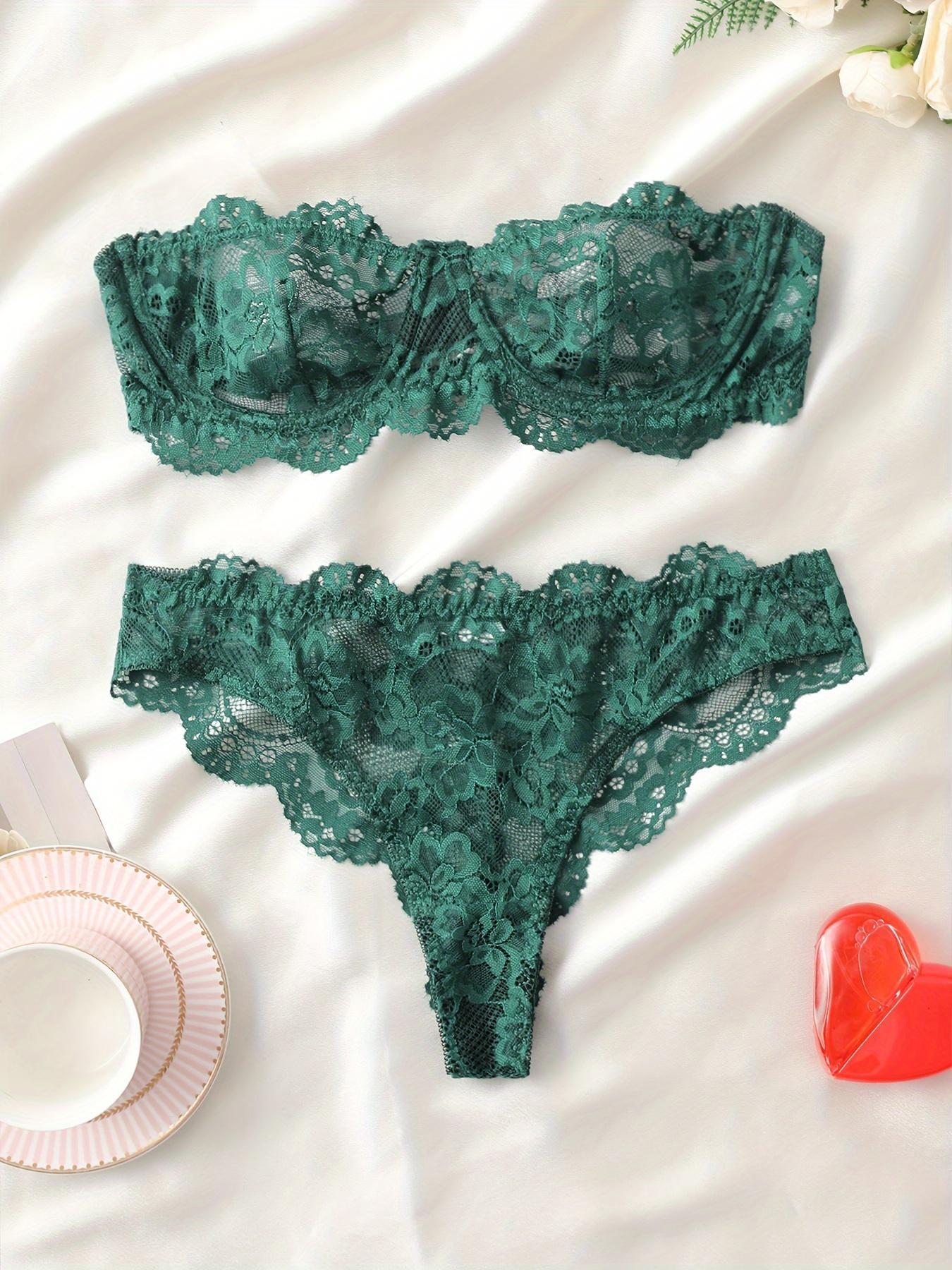 Women's Floral Lace Sexy Fitted Lingerie Two-piece Set, Romantic Underwire Bandeau Bra & Scallop Trim Thong, Comfortable Breathable Fabric Lingerie Set for Daily Wear, Women's Underwear Set for All Seasons, Emerald Green Option, Womenswear