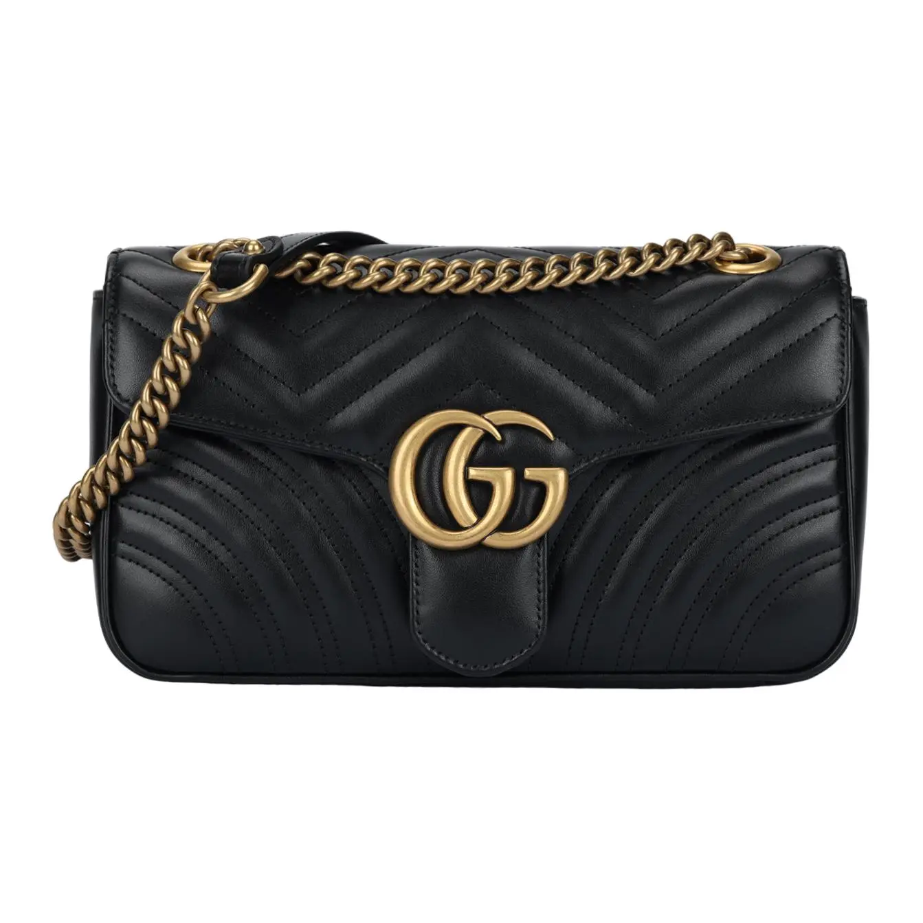 Gucci GG Marmont Quilted Leather Chain Crossbody Bag for Women, Vintage Gold Logo, Black
