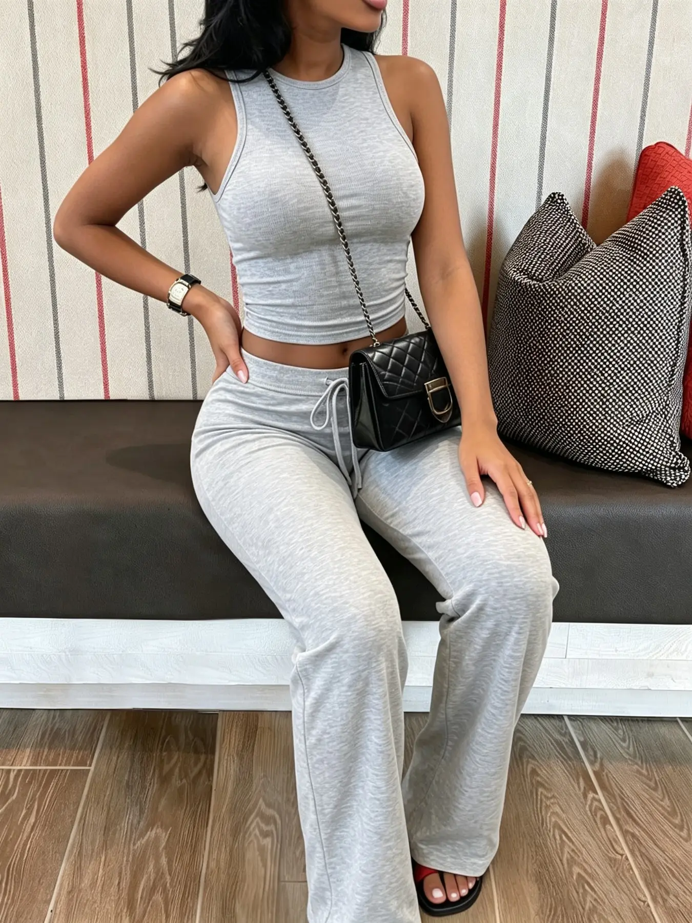 Women Heather Grey Sleeveless Crop Tank Drawstring, Adjustable High Waist Wide Leg Sweatpants 2 Piece Loungewear Set Slim Bodycon Athleisure Casual Street Gym Daily Wear Soft Elastic Cozy Lounge Tracksuit Curvy Ladies Everyday Matching Outfit