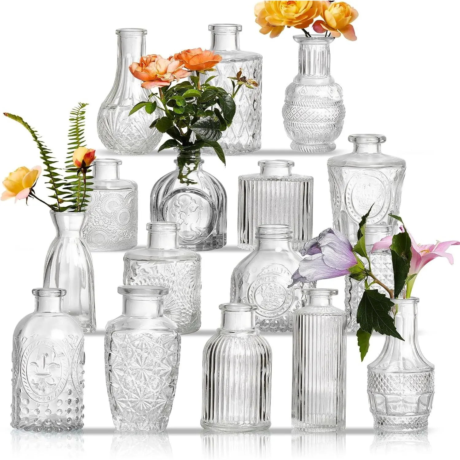 Glass Bud Vases Set of 16 - Assorted Small Mini Glass Vases for Flowers, Crystal Vintage Vase Set, Bulk Centerpieces for Table Décor, Wedding, Home and Events (Clear, 16 Pcs)