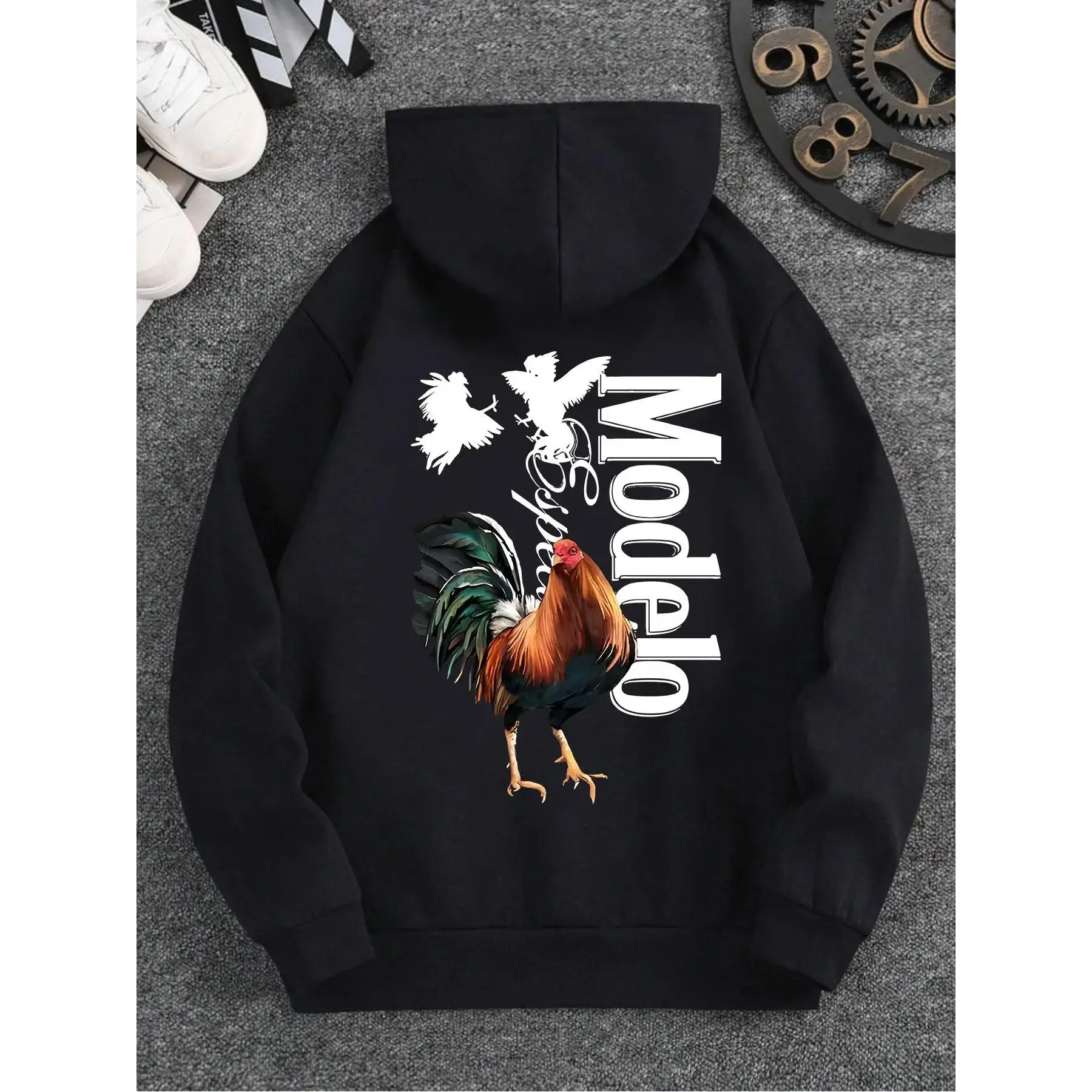 Men's Baggy Hooded Graphic Pullover Sweatshirt - Longsleeves Loose Casual Sports Outerwear Top with Bold Fighting Rooster Print, Intricate Feather Details, Edgy NTRIP Text Streetwear Look, Menswear, Polyester, Male, Loose Fit