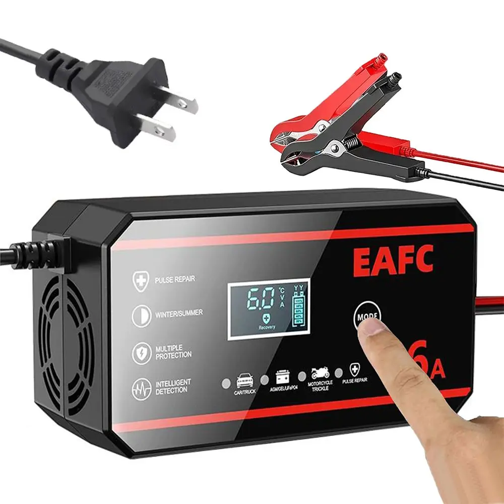 Us Plug 12V 6a Smart Fast Charger, Safe Convenient Automatic Car Battery Charger, Compatible with Agm Gel Wet Lead Acid Lifepo4, LCD Display