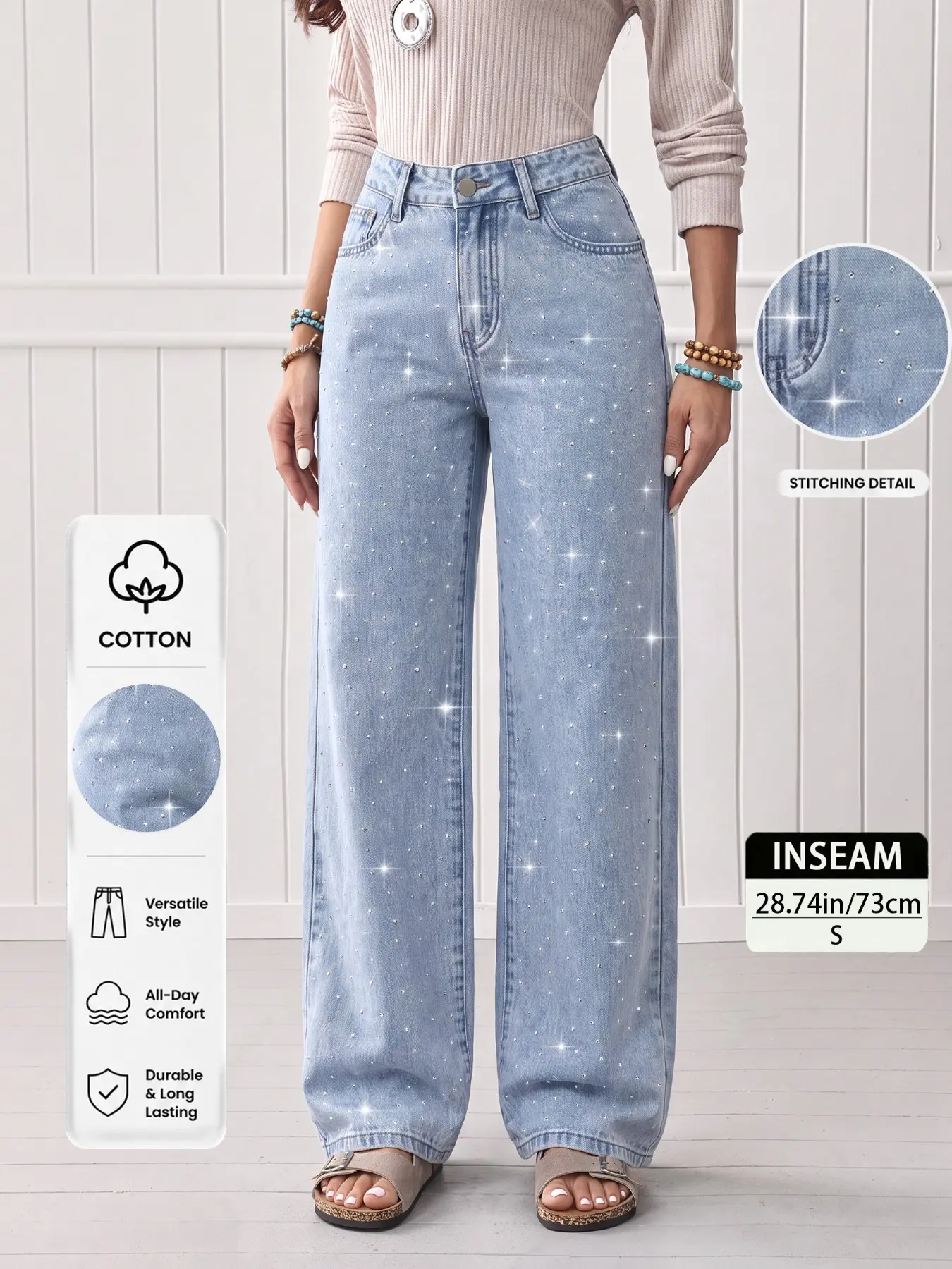 Sleek Mid-Rise Straight Leg Jeans for Women, Sparkling Rhinestone Embellished, Bling Jeans, Snow Wash Denim, Slimming Fit, Chic Streetwear, Elegant Casual Summer Pants, All-Season Trendy Bottoms