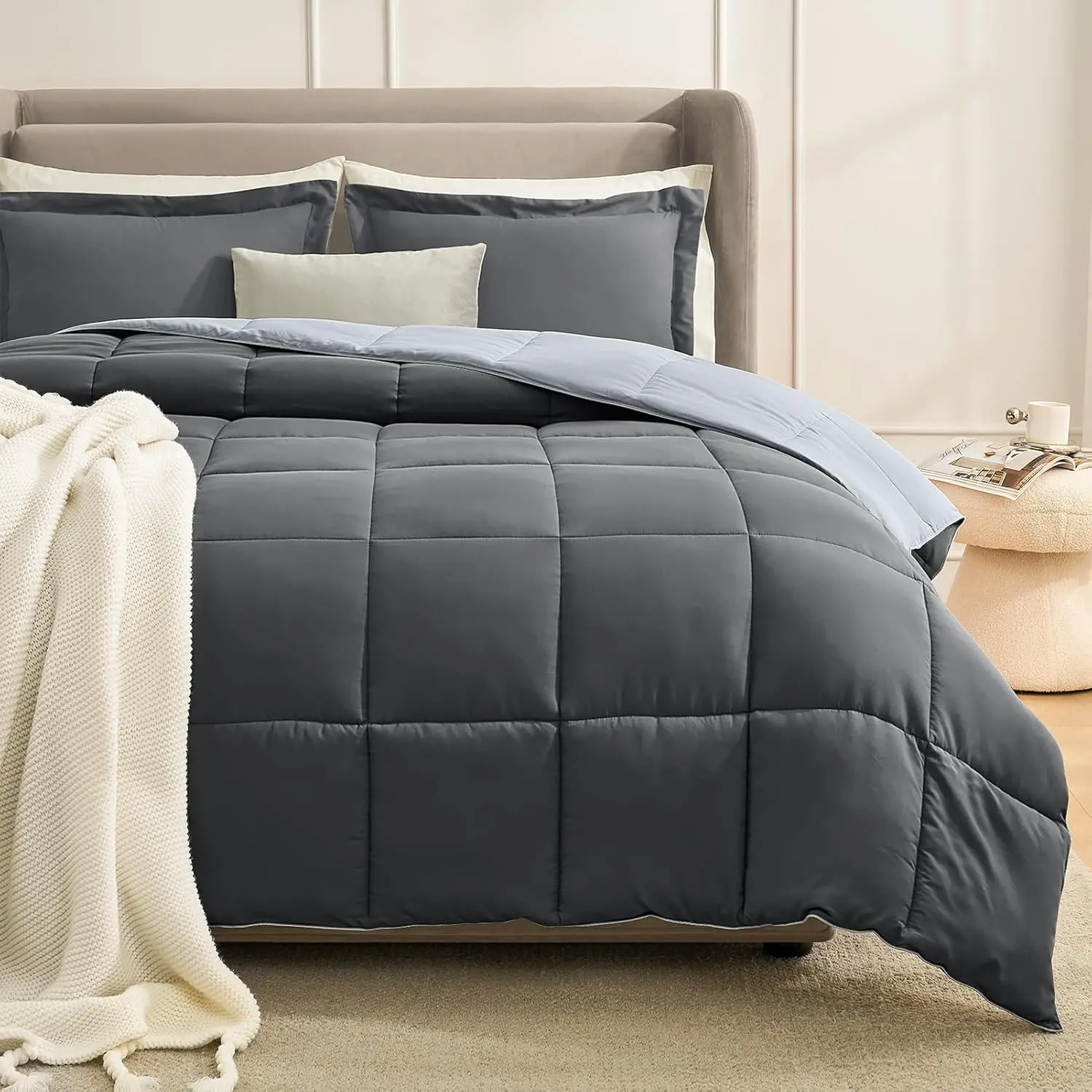 Queen Comforter Set Grey, Comforters Queen Size Set, Soft Lightweight Down Alternative Bed Comforter Full Size Reversible All Season 3 Pieces Sets Grey/Light Gray