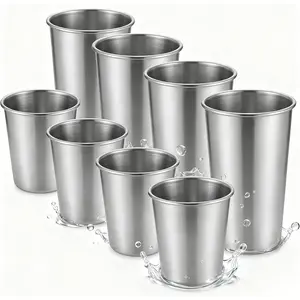 Stainless Steel Cups & Pint Tumblers Set of 8 - 4 Pack 8 oz + 4 Pack 16 oz Stackable, BPA Free Unbreakable 304 Metal Drinking Glasses for Children & Adults, Indoor Outdoor Picnic Travel Camping