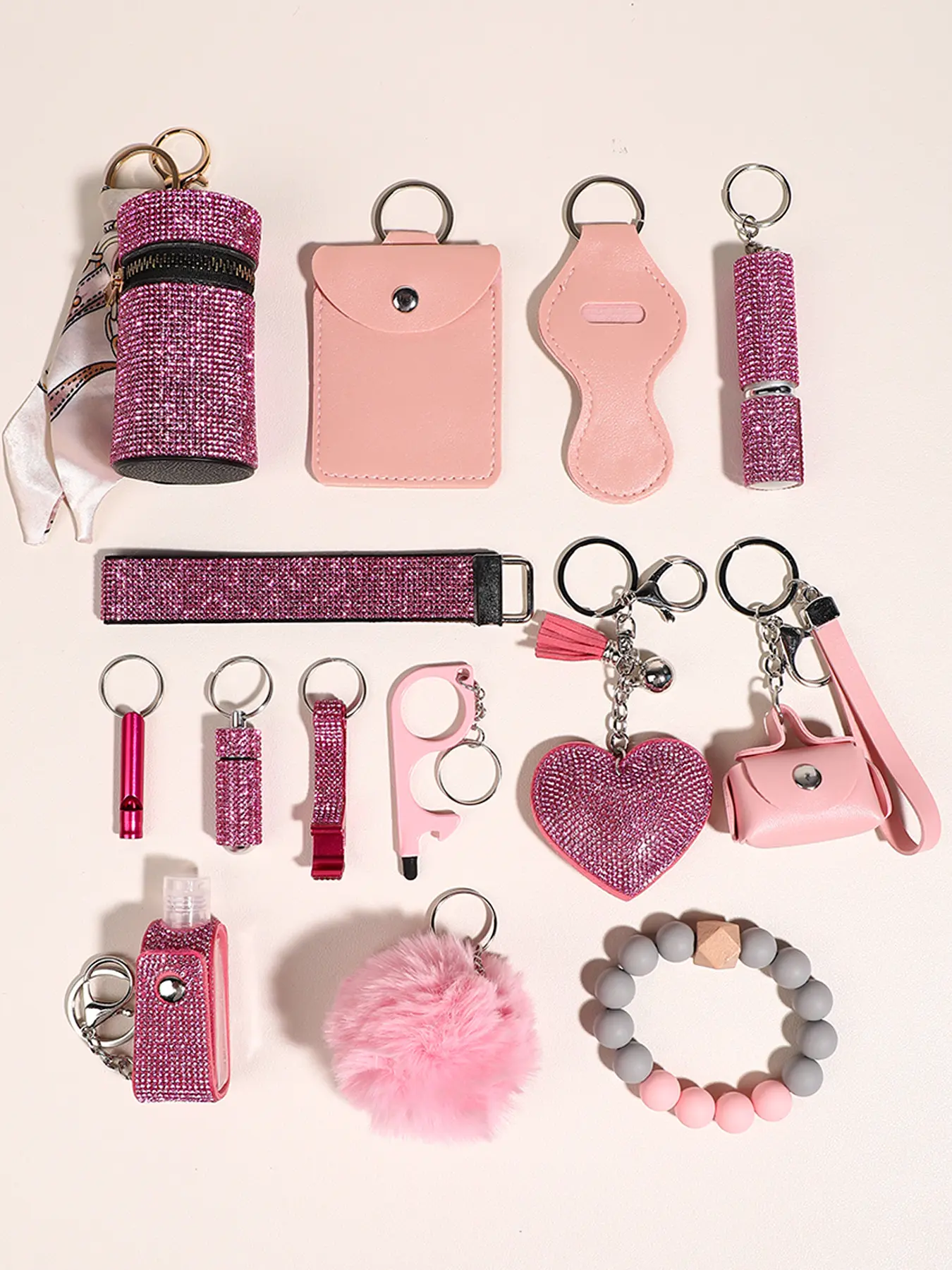 14 Pcs Pink Personal Security Keychain Keychain Accessory Kawaii For Women Decorative Heart Keyring Hand Sanitizer Holder Pom Pom Wristlet Safe Accessories Pack