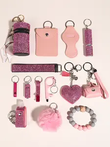 14 Pcs Pink Personal Security Keychain Keychain Accessory Kawaii For Women Decorative Heart Keyring Hand Sanitizer Holder Pom Pom Wristlet Safe Accessories Pack