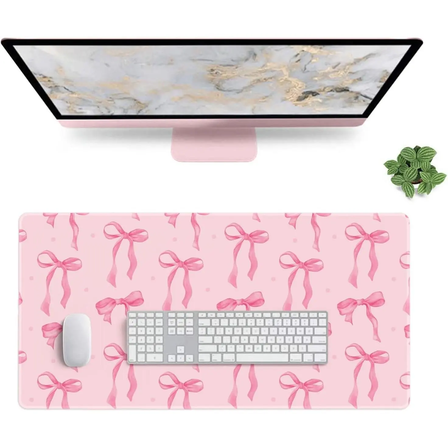 Pink Bow Mouse Pad, Large Desk Mat with Non-Slip Rubber Base, Stitched Edge, Cute Girly Pink Desk Accessories for Women Office Decor, 23.6" x 11.8"
