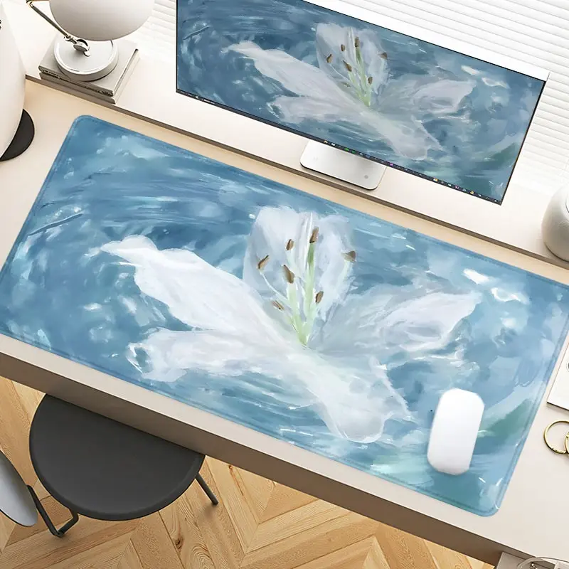 Desk Pad White Flower Watercolor Painting Mousepad XXL Mouse Pad For Laptop Desk Mouse Pad Extra Large With Non-Slip Rubber Base Stitched Edges Surface For PC Gamers Office Workers & Home Use Ideal For Spring Summer Gift