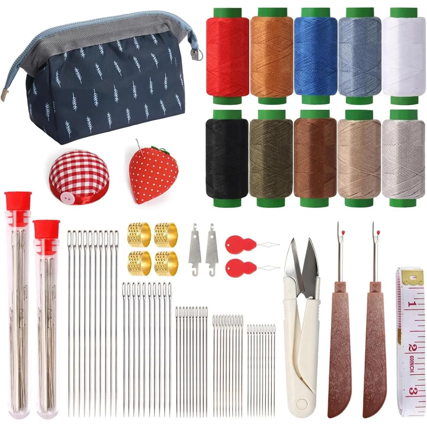 75 Pcs Sewing Tool Set, 3000 Yard Big eye steel needles, 10 thread rolls, strawberry pin cushion, denim hand repair for beginner portable travel craft