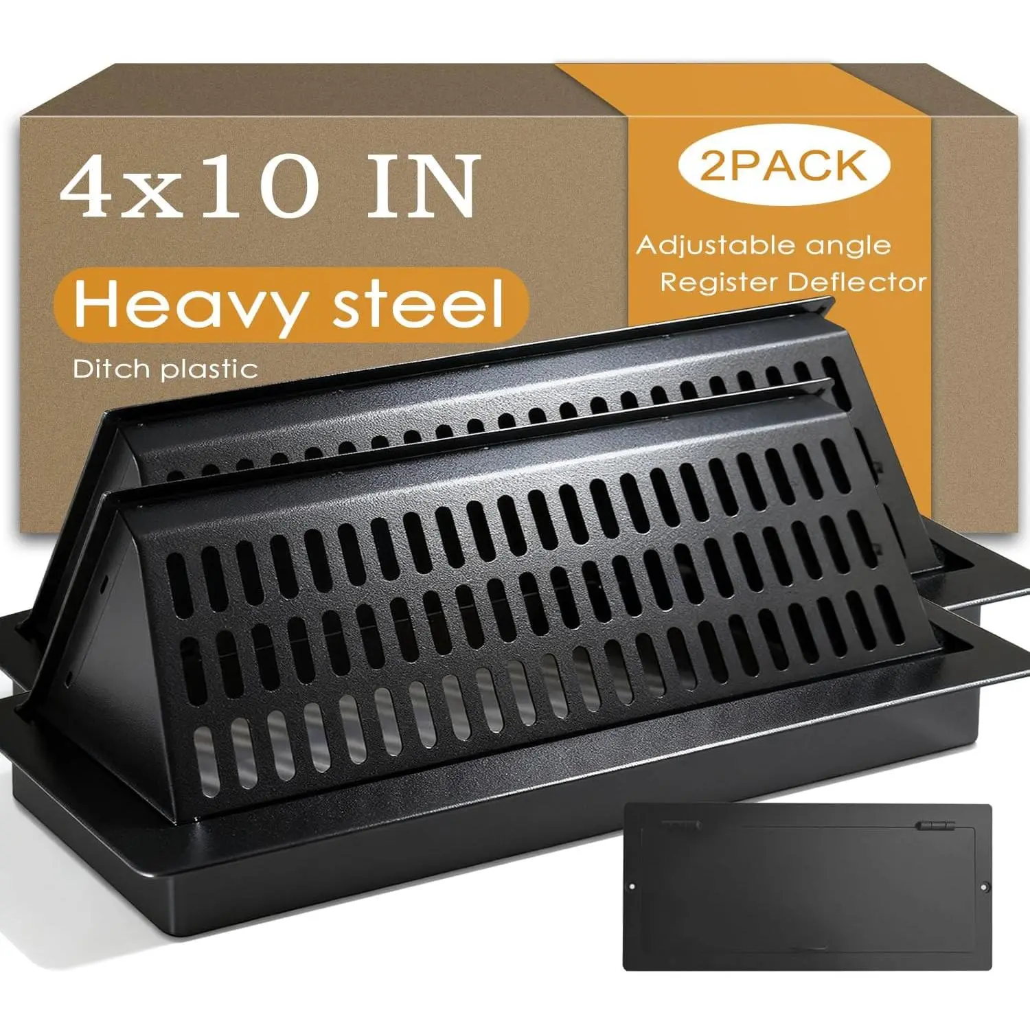 4x10 Floor Register and Vent Deflector Combo, Solid Steel 2-in-1 Pop Up Floor Vent Cover, Tool-Free Drop-in Fit, Adjustable for Draft-Free Comfort, Matte Black Air Vent for  Floor, 2 Pack