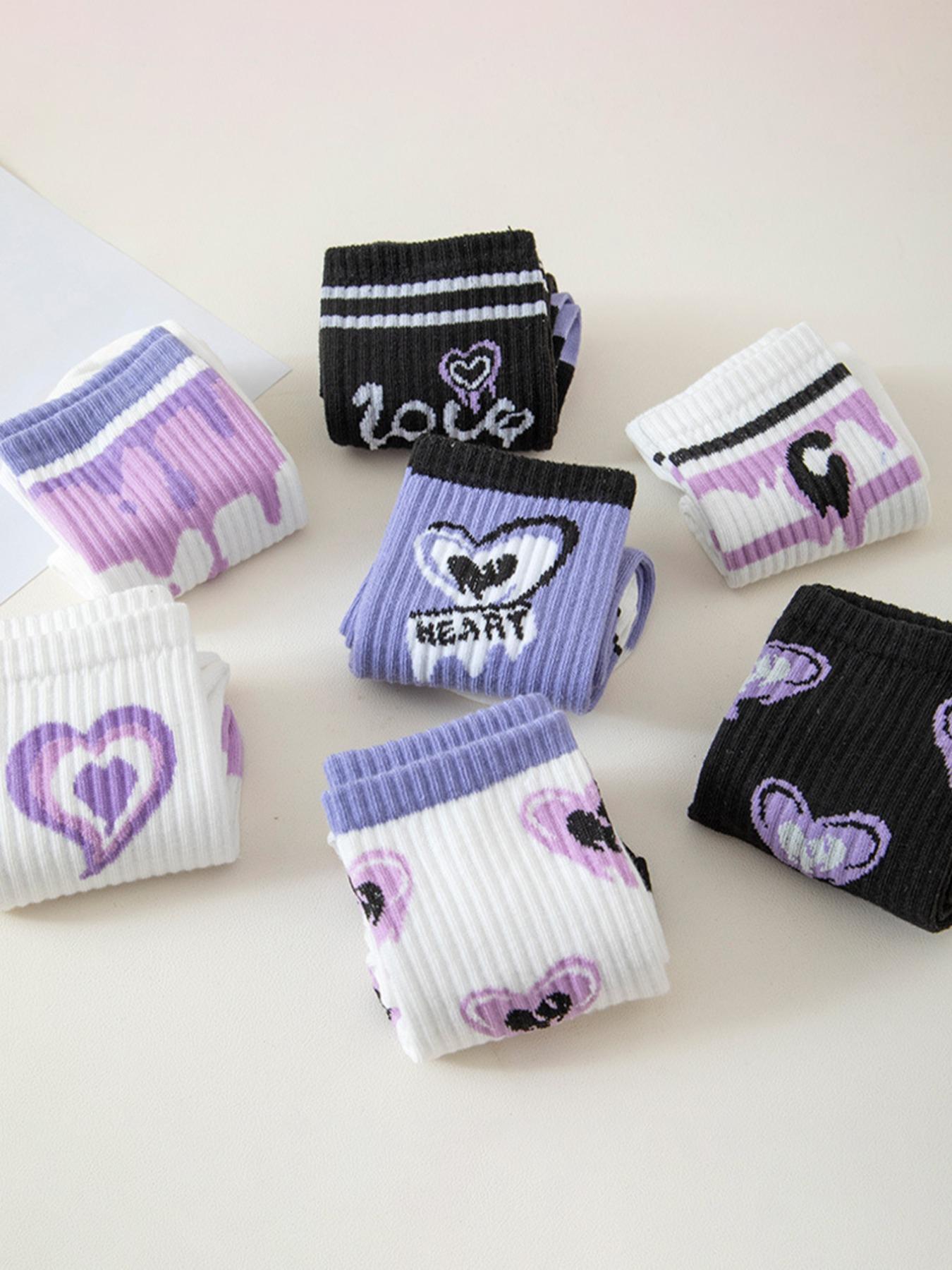 Women's 7 Pairs Heart & Letter Print Crew Socks, Casual Stylish Socks, Soft Comfy Socks, Preppy Casual Soft Comfortable Breathable Striped Print Mid-calf Socks for Daily Wear, Multipack Knit Socks for All Seasons, Sock Set