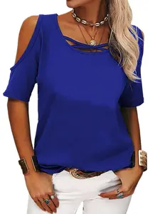 Women's Solid Color Cold Shoulder Top, Contemporary Chic Style, Chest Cross Tie Design, Versatile Short Sleeve T-Shirt, Casual, European and American Fashion