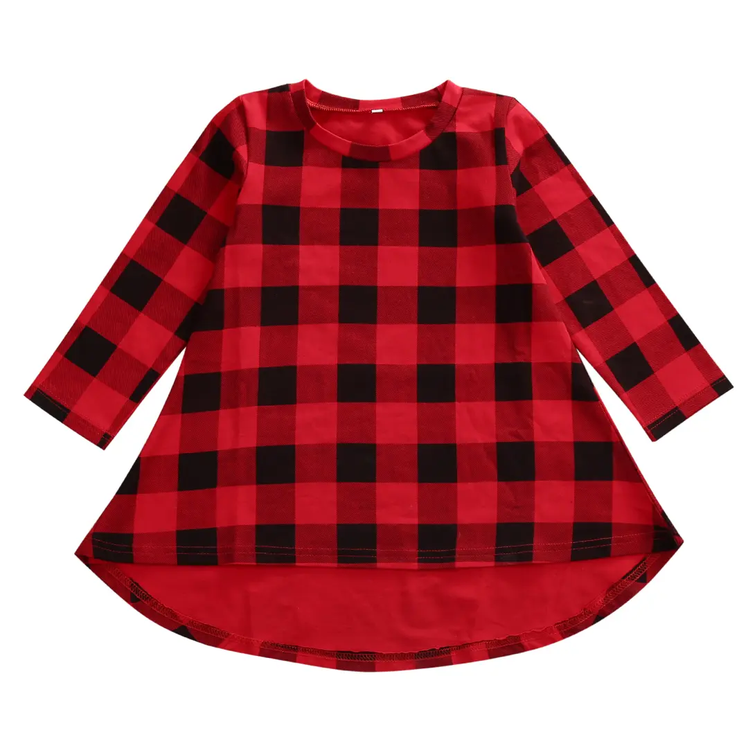 Christmas Party Dress Toddler Baby Girls Red Black Buffalo Plaid Long Sleeve Round Neck High Low Hem Swing Outfit