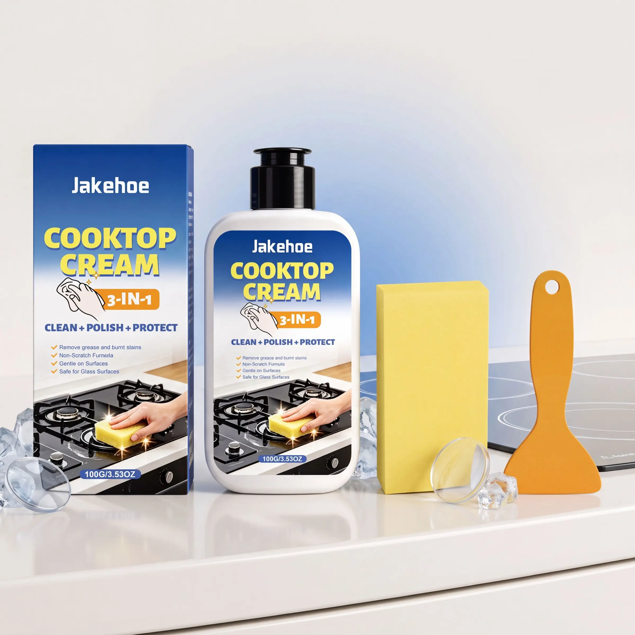 3-In-1 Kitchen Cooktop Cleaner (100g), Cleans & Polishes & Protects, Removes Grease, Gentle on Surfaces, Convenient Daily Home Cleaning